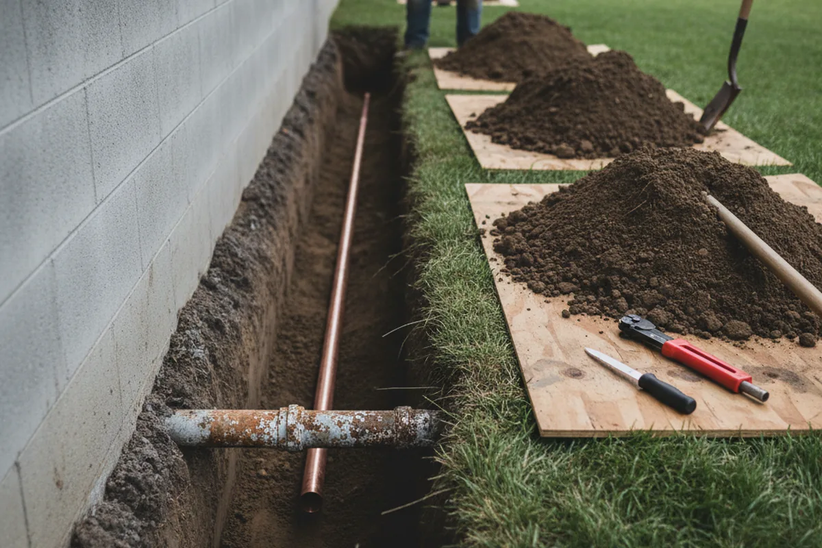Excavated water line trench during Water Softener Installation in Inola